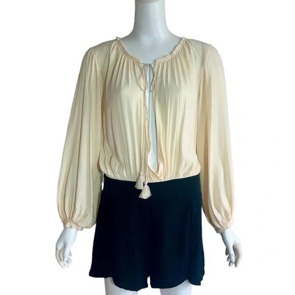 Free People Aida Romper Women’s Size 8 Cream & Black Balloon Puff Sleeve Slits - Picture 2 of 10